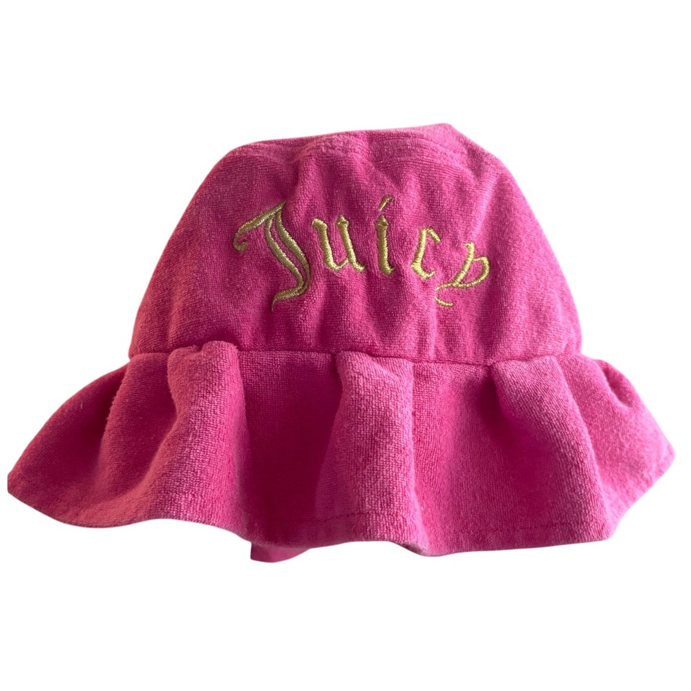 Juicy Couture Pink Terry Cloth Ruffle Bucket Hat Gold Embroidered Logo Y2K OS